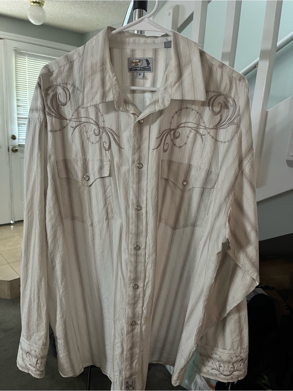 Panhandle Slim Cream Striped Western Embroidered Snap Shirt